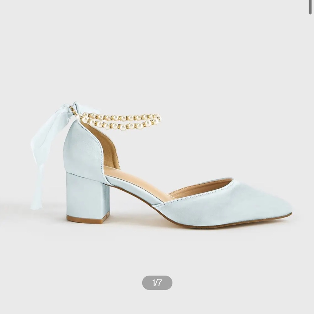 Azazie Satin Pearl and Bow Pointed Toe Block Heel Wedding